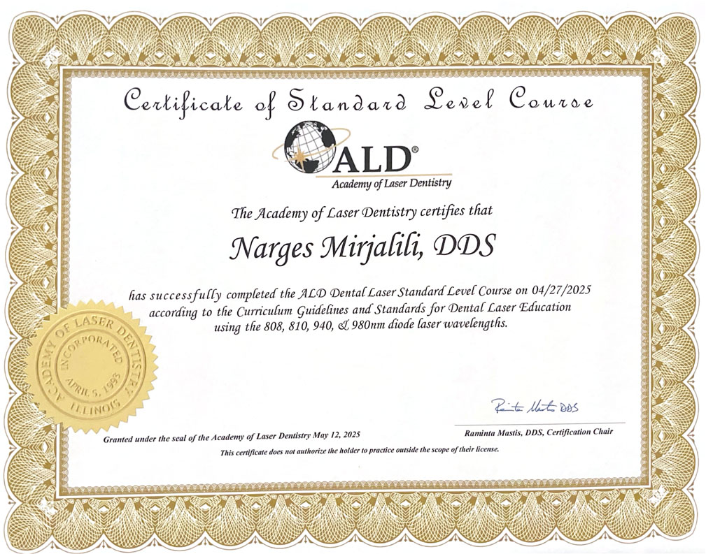The image displays a certificate with text and logos, indicating an achievement related to dental education, specifically a certificate for passing a level course from the Academy of Law Dental Sciences, issued by Narges Mirjali, PhD.