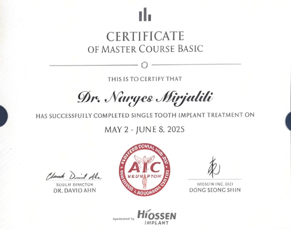 The image shows a certificate of completion from a master course basic on implant treatment, signed by Dr. Navees Mijjadli, indicating successful completion of 100 single tooth implant treatment on May 9th, 2021.