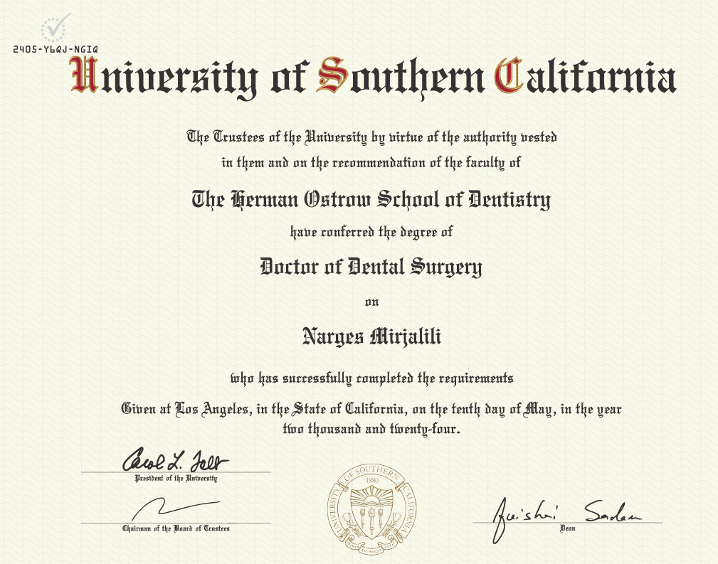 The image shows a diploma from the University of Southern California s School of Dentistry presented to a graduate named Narges Mitri, who completed her Doctor of Dental Surgery degree under the supervision of Dr. Morteza Khosravi.
