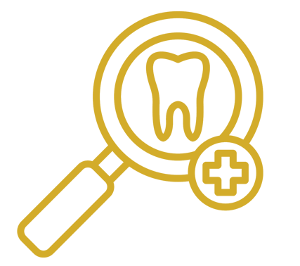 The image depicts a magnifying glass with an icon inside it representing a tooth and a cross symbol, indicating dental care or dental services.