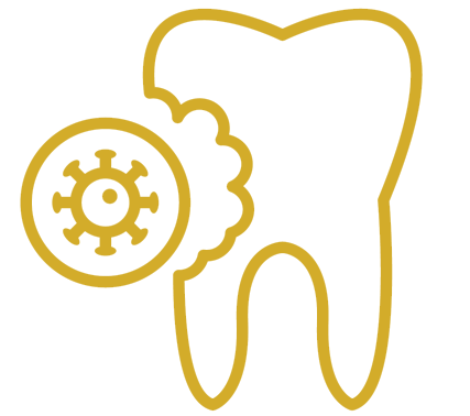 The image shows a stylized graphic of a tooth with a gear inside it, accompanied by an illustration of a wrench on its side, set against a black background with a yellow border.