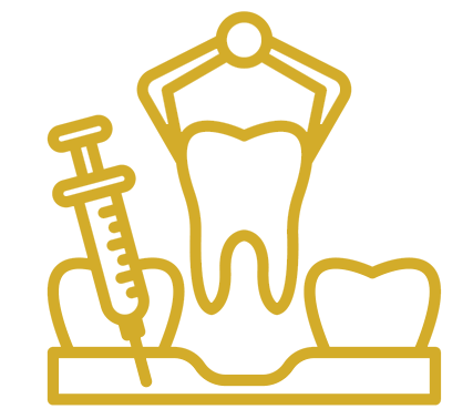 The image shows a stylized logo featuring a dental hygiene theme with a toothbrush, syringe, and other dental instruments, set against a black background with a white border.