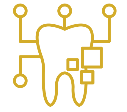 The image shows a stylized graphic with a tooth-like shape at the center, surrounded by various electronic components and wires, forming an abstract representation of a computer network or digital interface.