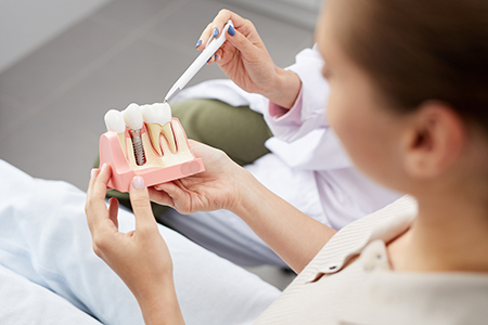 A dental professional working on a model mouth with a toothbrush, sitting at a desk with a patient seated in front of them.